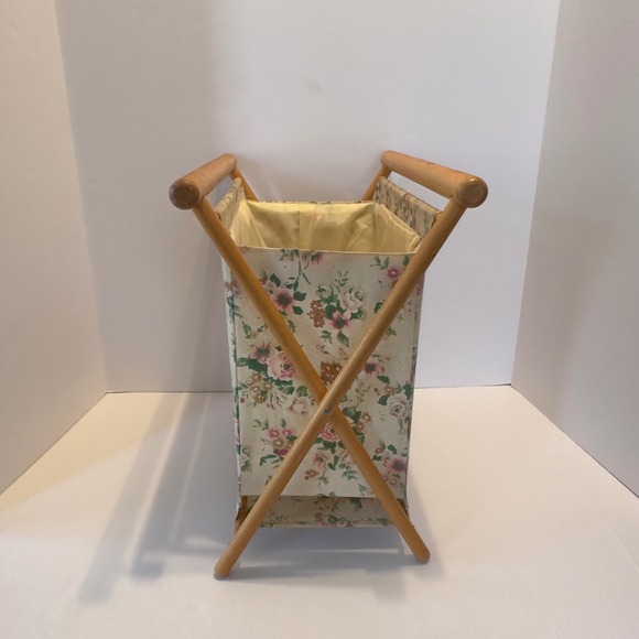 Vintage Folding Basket Knitting Yarn Caddy, Wood Frame With Fabric, Floral Azar - Picture 3 of 13